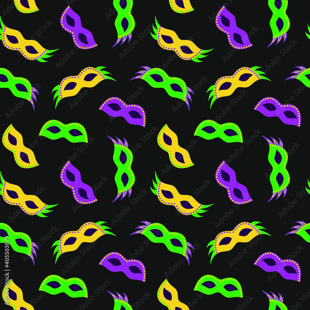 Fototapeta premium Vector seamless pattern with carnival masks; Mardi Gras background for wrapping paper, greeting cards, invitations, posters, banners.