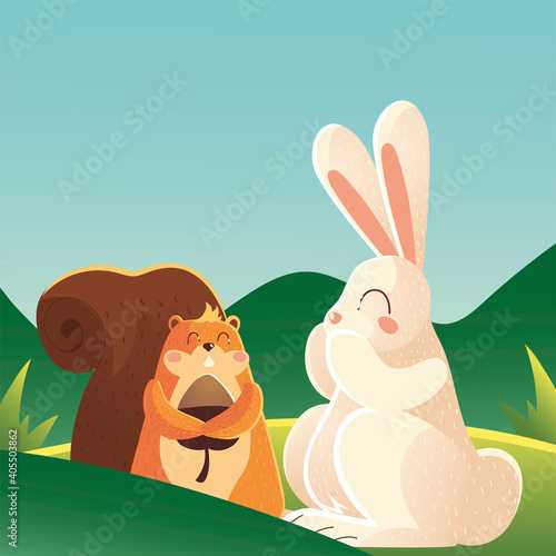 cute rabbit and squirrel with acorn cartoon animal