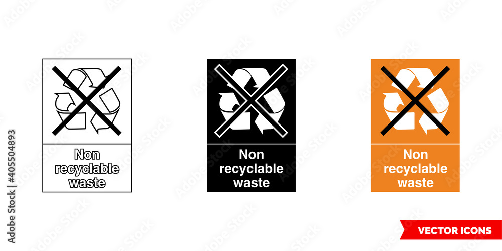 Non recyclable waste recycling sign icon of 3 types color, black and white, outline. Isolated vector sign symbol. Non recyclable waste recycling sign icon of 3 types color, black and white, outline. Isolated vector sign symbol.