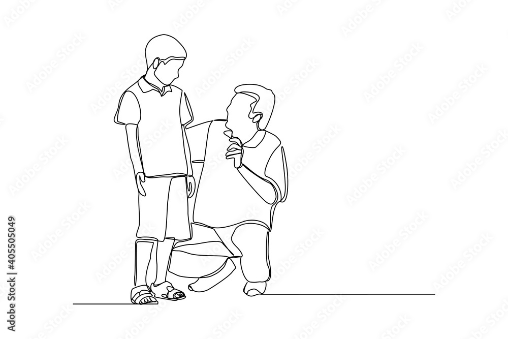 Obraz premium Continuous line drawing of young dad giving some wise advice talk to his child. Happy family parenting concept. Trendy single one line draw design graphic vector illustration