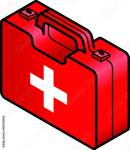 First aid kit in red with the official cross symbol in white.