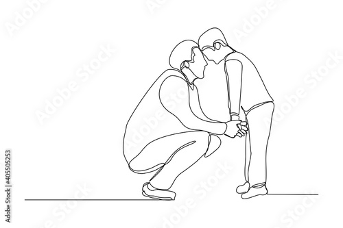 Continuous line drawing of young dad giving some wise advice talk to his child. Happy family parenting concept. Trendy single one line draw design graphic vector illustration
