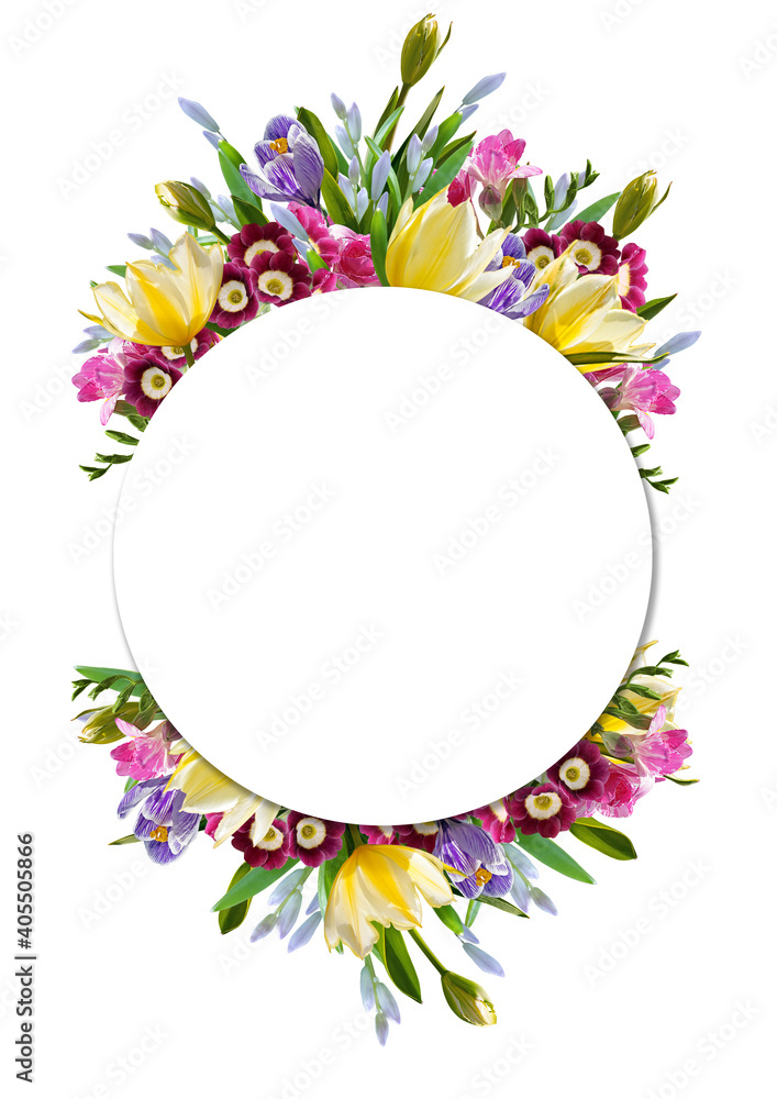 card with a garland of spring flowers with yellow tulips, freesias, primroses, crocuses and blue snowdrops