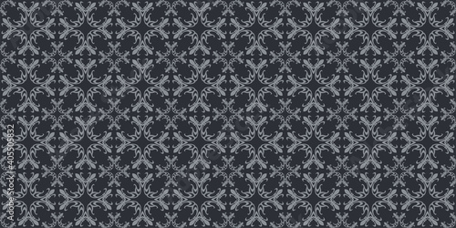 Dark background pattern with ornate floral designs. Seamless 