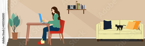 Women working from home, web banner, web header, footer, flier, vector illustration, graphic, web banner, web header, footer, flier, copy space, landscape, PC, black cat, green, room, realistic, retro