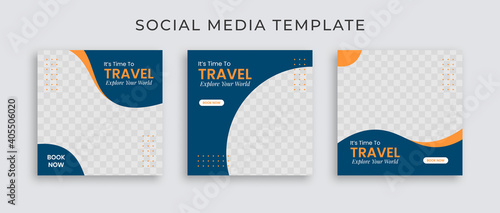 Editable template post for social media ad. Instagram template post. web banner ads for travel promotion .design with blue and yellow color.  photo