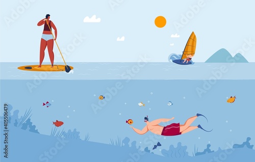 Water sports diving, surfing yachting and ski vector illustration. Swimming, sailing on summer vacation. Divers in sea water. Extreme sport adventure, recreation, people dive in ocean.