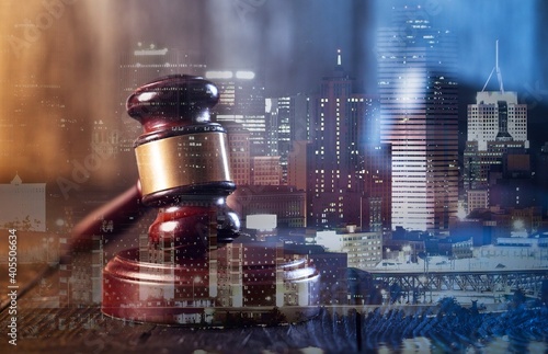 Photos Real judges gavel, city view