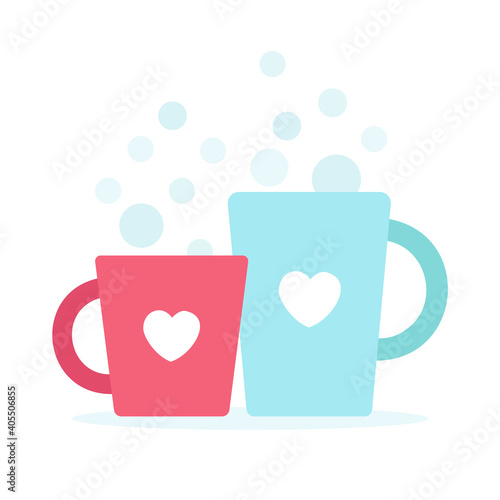 Two mugs for lovers. Vector illustration in flat style isolated on white background.