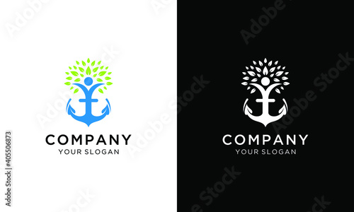 Creative modern anchor with people tree sign logo design template. on a black and white background.