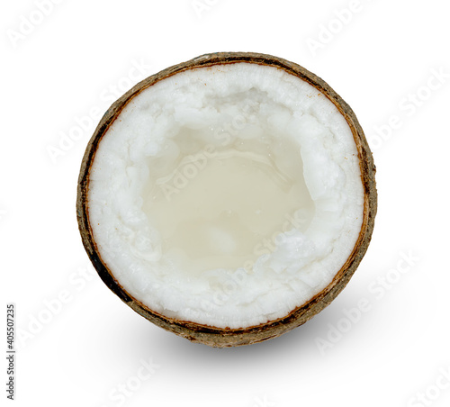 Coconut milk tropical fruit or fluffy coconut cut in half isolated on white background