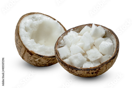Coconut milk tropical fruit or fluffy coconut chopped isolated on white background