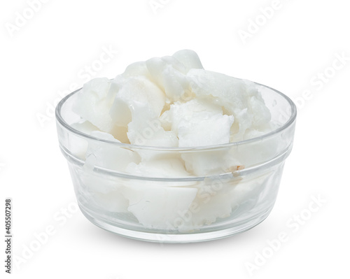 Coconut milk tropical fruit or fluffy coconut chopped in glass bowl isolated on white background ,include clipping path