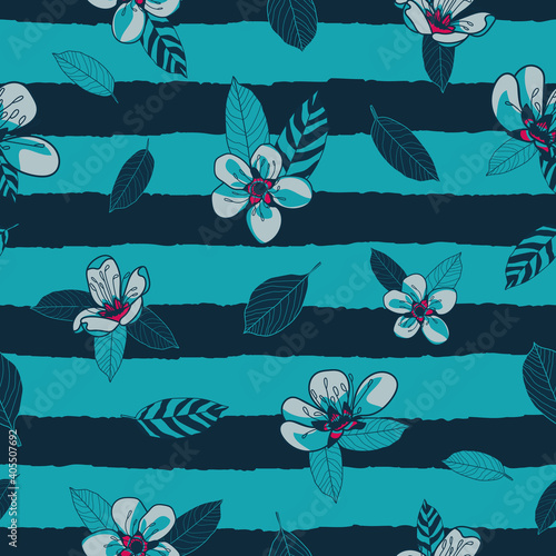 Vector blue cherry flower striped seamless pattern