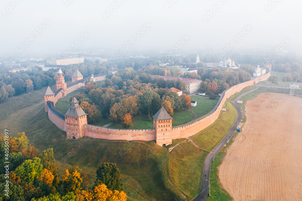 Aerial view of Novgorod Kremlin (Detinets) in Veliky Novgorod, Russia