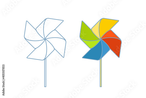 Paper Windmill. Outline And Colorful Simple Symbols Isolated On White Background