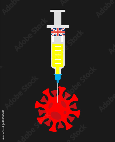 British coronavirus vaccine. British flag on Syringe pierces Covid-19 bacteria. Cure for infection