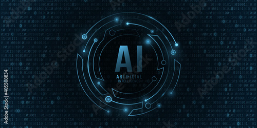 Futuristic round banner with computer circuit board. Artificial intelligence. Connectors glow in the dark. Sci-fi design. Binary code background. Vector