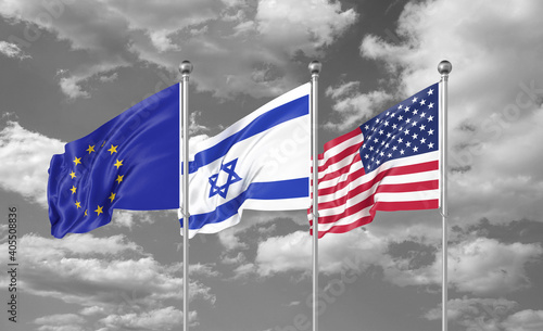 Three realistic flags. Three colored silky flags in the wind: USA (United States of America), EU (European Union) and Israel. 3D illustration.