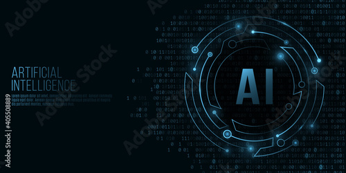 Futuristic round banner with computer circuit board. Artificial intelligence. Connectors glow in the dark. Sci-fi design for your web layout. Binary code background. Vector