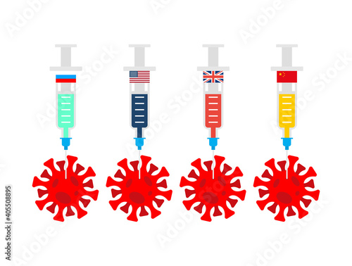 Various coronavirus vaccines. Russian and Chinese medicine. USA and UK vaccine. Syringe pierces Covid-19 bacteria. Cure for infection