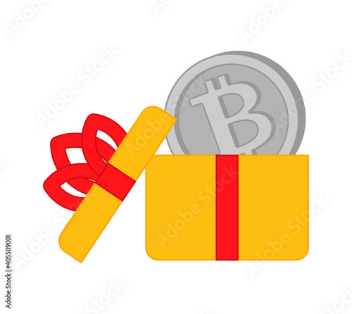 Bitcoin gift. Gift box and cryptocurrency. Digital gift of 21st century