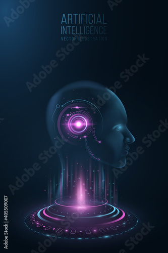 Futuristic cyborg hologram. Technological glowing sci-fi projector. Artificial intelligence. Hi-tech portal. Face model with HUD interface. UI design. Vector