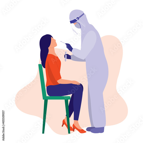 Young Woman Receives COVID-19 Nasal Swab Test. Coronavirus Medical Test And Prevention Concept. Vector Illustration Flat Cartoon.    Nurse In Protective Suit Performing A Nasal Swab Test On Patient.