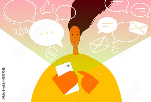 A person with a phone, modern life with a flow of information. A lot of messages, likes, calls, notifications. 
