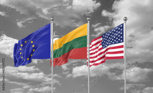 Three realistic flags. Three colored silky flags in the wind: USA (United States of America), EU (European Union) and Lithuania. 3D illustration.