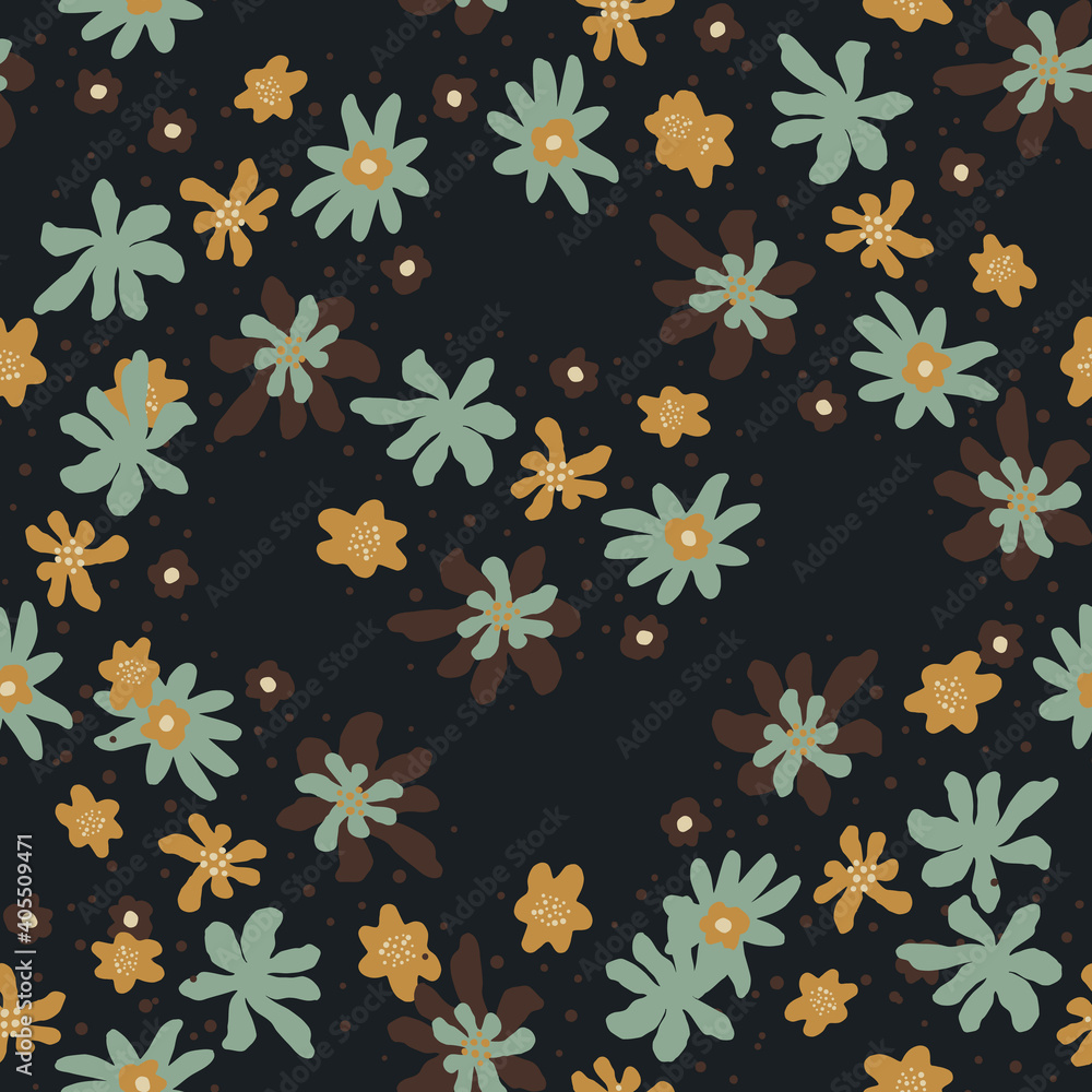 Seamless random pattern with blue and orange colored flowers shapes. Dark background.