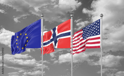 Three realistic flags. Three colored silky flags in the wind: USA (United States of America), EU (European Union) and Norway. 3D illustration.