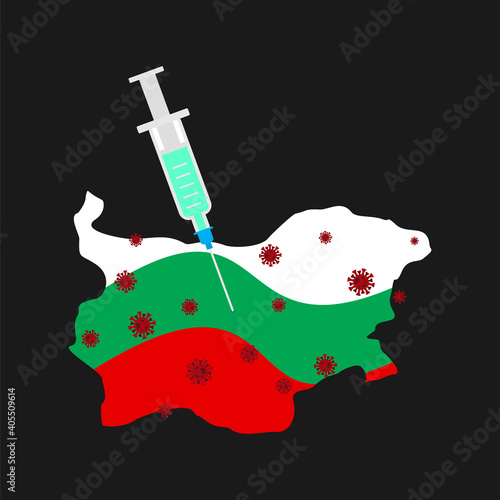 Coronavirus vaccine. Bulgaria vaccination. Syringe pierces Bulgaria map. Cure for infection  Covid-19