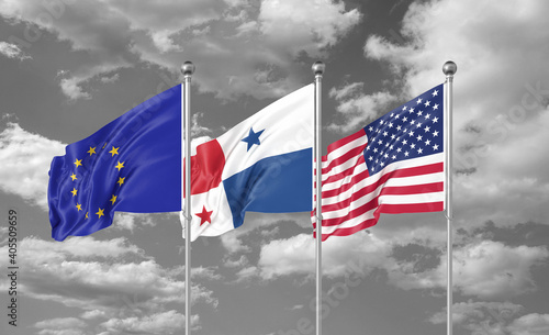 Three realistic flags. Three colored silky flags in the wind: USA (United States of America), EU (European Union) and Panama. 3D illustration.