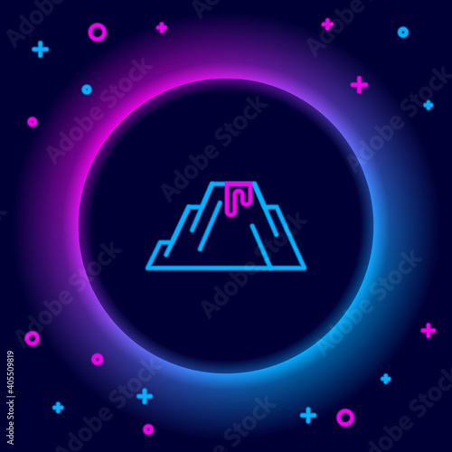 Glowing neon line Volcano eruption with lava icon isolated on black background. Colorful outline concept. Vector.