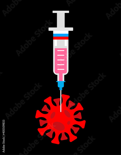 Russian coronavirus vaccine. Russia flag on Syringe pierces Covid-19 bacteria. Cure for infection