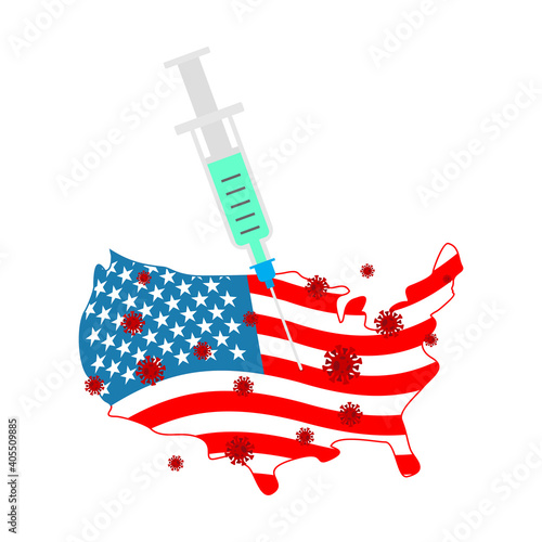 Coronavirus vaccine. USA vaccination. Syringe pierces America  map. Cure for infection  Covid-19