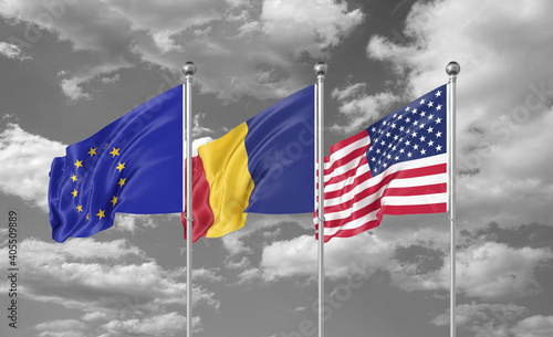 Three realistic flags. Three colored silky flags in the wind: USA (United States of America), EU (European Union) and Romania. 3D illustration.