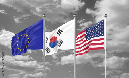 Three realistic flags. Three colored silky flags in the wind: USA (United States of America), EU (European Union) and South Korea. 3D illustration.