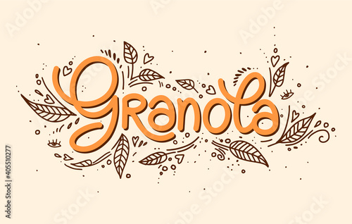 Granola vector logo. Organic muesli. Lettering, leaves with decorative elements. illustration healthy concept logotype. oatmeal. Handmade calligraphy.