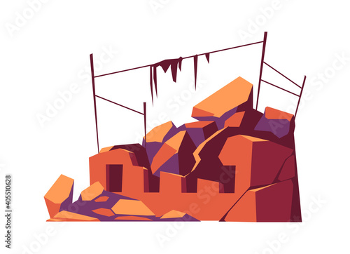 Destroyed building, damaged structure, consequences of a disaster, cataclysm or war, cartoon vector isolated illustration