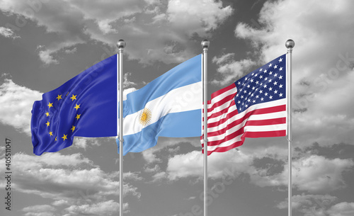 Three realistic flags. Three colored silky flags in the wind: USA (United States of America), EU (European Union) and Argentina. 3D illustration.