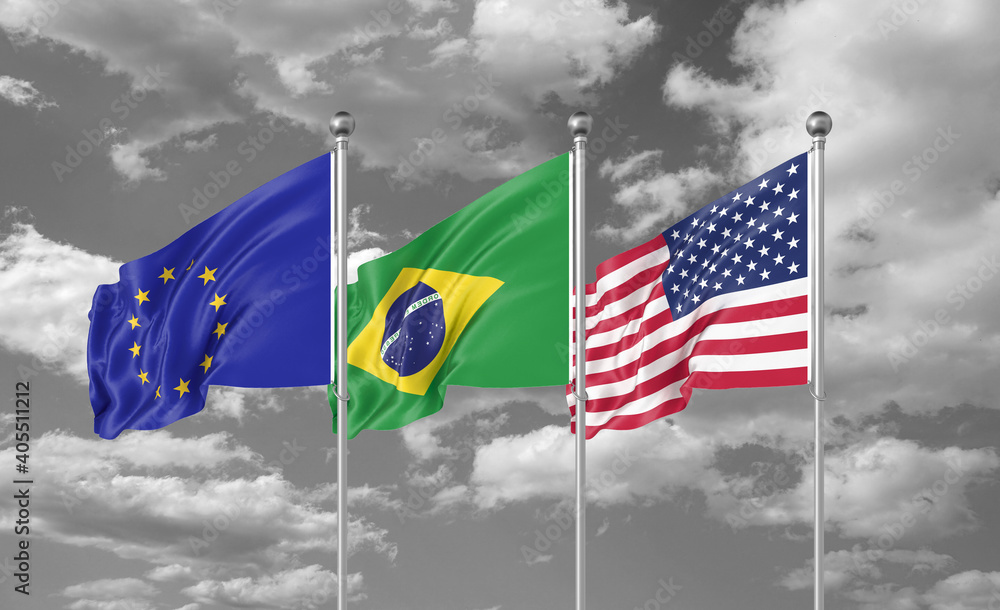 Three realistic flags. Three colored silky flags in the wind: USA (United States of America), EU (European Union) and Brazil. 3D illustration.
