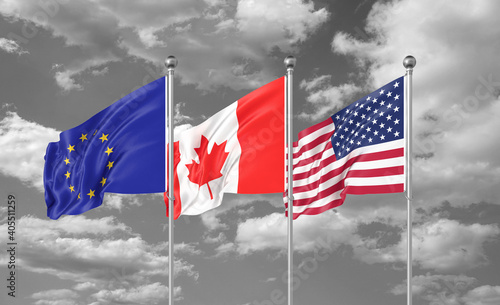 Three realistic flags. Three colored silky flags in the wind: USA (United States of America), EU (European Union) and Canada. 3D illustration.