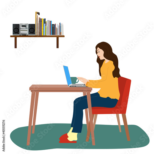 Women working from home, no background, flier, vector illustration, graphic material, web banner, web header, footer, flier, copy space, PC, realistic, book, radio cassette player, retro, mat