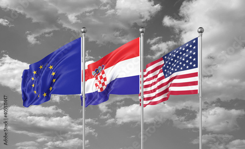 Three realistic flags. Three colored silky flags in the wind: USA (United States of America), EU (European Union) and Croatia. 3D illustration.