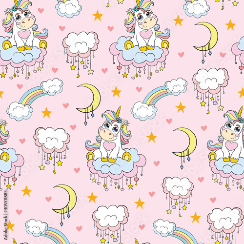 Vector seamless pattern. Cute baby unicorn with rainbow and clouds isolated on pink background. Illustration for party, print, baby shower, wallpaper, design, decor,design cushion, linen, dishes.