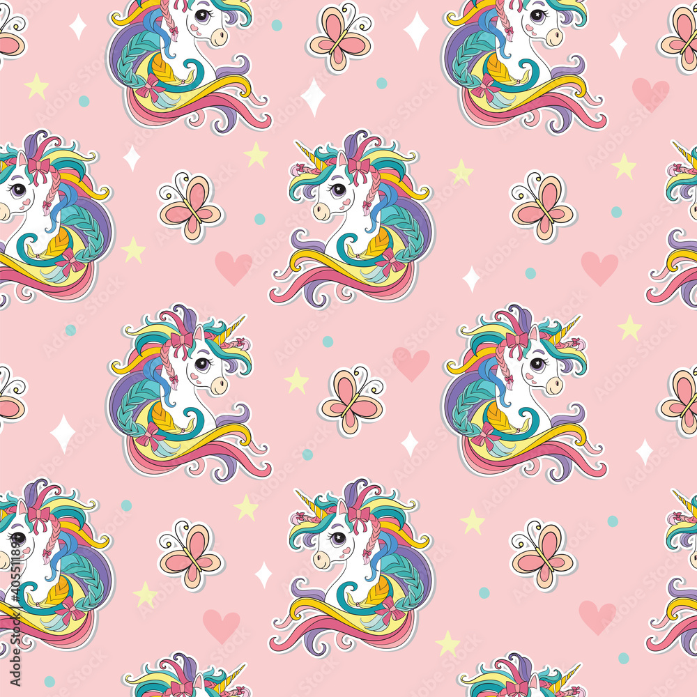 Magic seamless pattern with head of unicorn and butterflies isolated on pink background. Vector illustration for party, print, baby shower, wallpaper, design, decor,design cushion, linen, dishes Magic seamless pattern with head of unicorn and butterflies isolated on pink background. Vector illustration for party, print, baby shower, wallpaper, design, decor,design cushion, linen, dishes