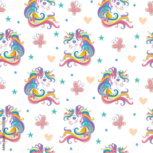 Magic seamless pattern with head of unicorn and butterflies isolated on white background. Vector illustration for party  print  baby shower  wallpaper  design  decor design cushion  linen  dishes