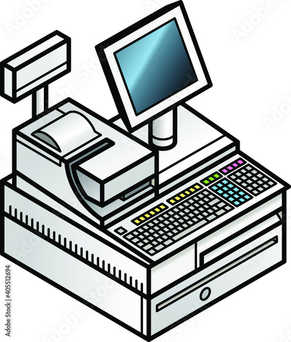 A point of sale terminal (white version) with customer display, LCD monitor, keyboard, printer and cash drawer.